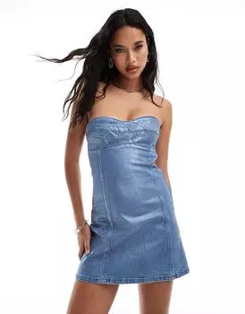 Мини-платье-бандо из денима цвета металлик ASOS DESIGN