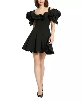Мини-платье Mac Duggal из крепа с рюшами и годе по подолу, черный