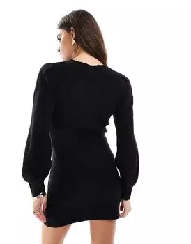 Мини-платье с круглым вырезом и рукавами-фонариками черного цвета Miss Selfridge