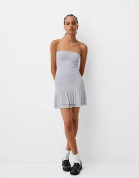 Мини-Платье с оборками и вырезом-бандо Bershka, серый