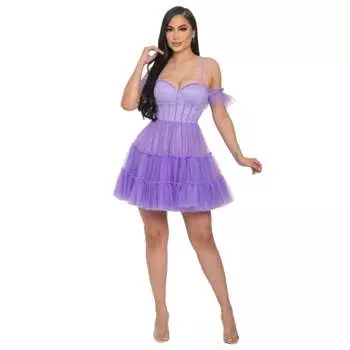 Мини-платье с открытыми плечами и пышной юбкой FASHNZFAB, фиолетовый