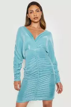 Мини-платье с плиссами Boohoo, синий