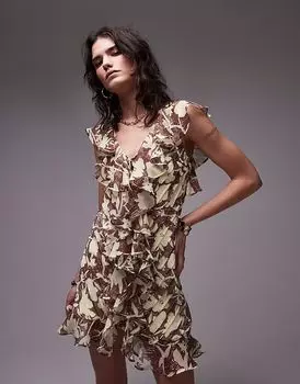 Мини-платье Topshop с оборками и защипами в цветочек цвета пахты