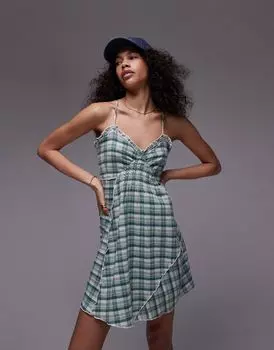 Мини-платье Topshop в мятно-зеленую клетку с тонкими бретельками и присборенной талией