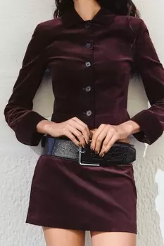 Мини-юбка из бархата с поясом ZARA, бордовый