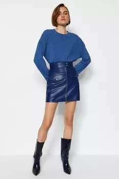 Мини-юбка Trendyol из искусственной кожи с поясом, синий