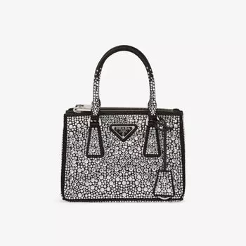Миниатюрная атласная сумка Galleria, украшенная кристаллами Prada, серебряный