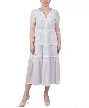 Миниатюрное многоярусное платье-миди с короткими рукавами NY Collection, белый