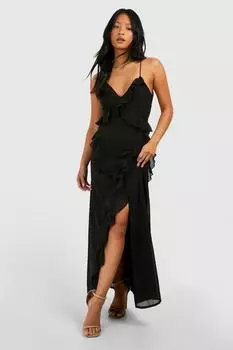 Миниатюрное шифоновое платье макси с рюшами boohoo, черный