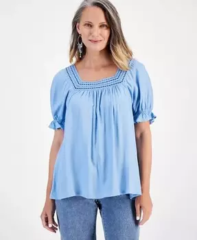 Миниатюрный вязаный топ с квадратным вырезом и манжетами с рюшами Style & Co, синий
