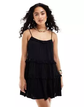 Miss Selfridge – Черное мини-пляжное платье с завязками на плечах и английской вышивкой