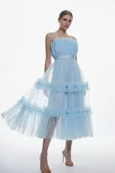 Многоярусное платье миди из тюля-бандо Karen Millen, синий