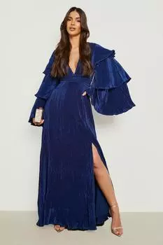 Многослойное платье макси с рюшами и рукавами boohoo, темно-синий