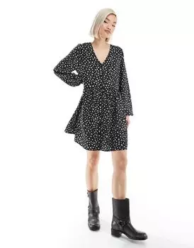 Monki – короткое однотонное платье с мелкими цветочками и пуговицами