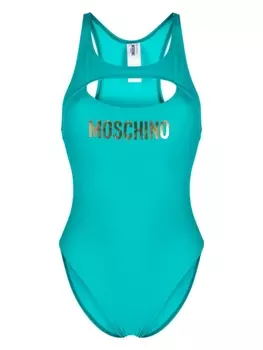 Moschino купальник с вырезами и логотипом, зеленый