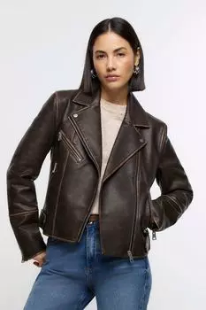 Мотоциклетная куртка из искусственной кожи River Island, коричневый