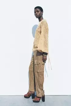 Мятые брюки карго ZARA, кэмел