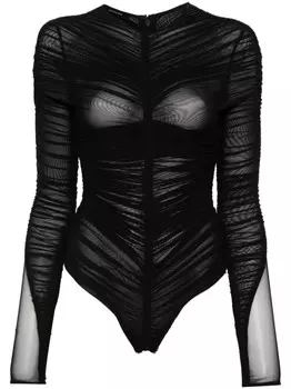 Mugler полупрозрачный боди со сборками, черный