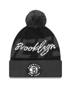 Мужская черно-серая вязаная шапка Brooklyn Nets Confident с манжетами и помпоном New Era