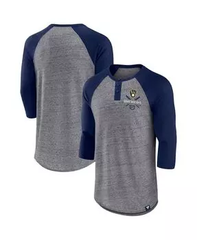Мужская фирменная меланжево-серая, темно-синяя футболка milwaukee brewers iconic above heat в крапинку с принтом реглан henley с рукавом 3/4 Fanatics, мульти