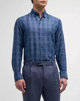 Мужская хлопково-льняная спортивная рубашка с принтом Basketweave Brioni, цвет Bluettena