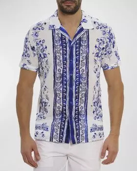 Мужская рубашка из льна и хлопка Corfu Camp Robert Graham, цвет Blue