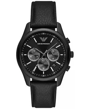 Мужские часы с хронографом, черный кожаный ремешок, 41 мм Emporio Armani, черный