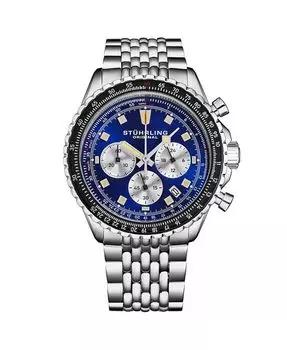Мужские часы с японским механизмом Chrono, серебряный корпус из нержавеющей стали, зеленый циферблат, черный/розовый безель, браслет из нержавеющей стали с бисером Stuhrling, синий