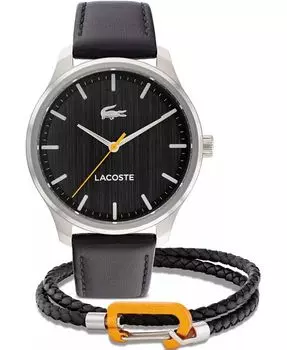 Мужской подарочный набор для часов с черным кожаным ремешком, 42 мм Lacoste, черный