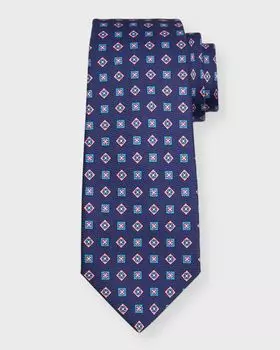 Мужской шелковый галстук с квадратным принтом Kiton, цвет Navy Multi