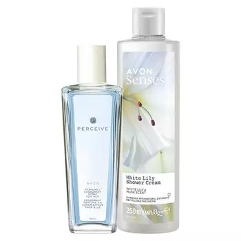 НАБОР ИЗ 2 КОСМЕТИЧЕСКИХ СРЕДСТВ AVON PERCEIVE SPRAY 75 МЛ + ГЕЛЬ WHITE LILY 250 МЛ