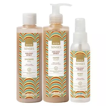 НАБОР ИЗ 3 КОСМЕТИЧЕСКИХ СРЕДСТВ AVON HOLIDAY SPIRIT ВАНИЛЬ И КАРАМЕЛЬ ГЕЛЬ + МЫЛО + СПРЕЙ