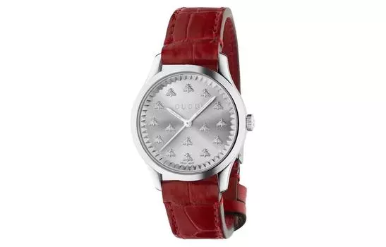Наручные часы G Timeless Collection с кварцевым механизмом, ремешком из крокодиловой кожи и серебристым циферблатом GUCCI