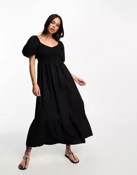 New Look – черное платье миди с буфами и топом с рюшами