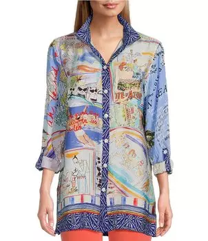 Новая туника John Mark Petite Size из тканого материала с проволочным воротником с длинными рукавами и пуговицами спереди, мультиколор