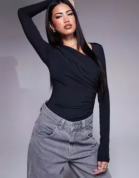 Облегающее боди ASOS DESIGN с асимметричным вырезом и драпировкой черного цвета