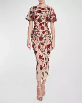 Облегающее платье миди с цветочной вышивкой Marchesa Notte, цвет Red Nude