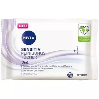 Очищающие салфетки NIVEA 3 в 1 Sensitive с декспантенолом для нежного снятия макияжа для чувствительной кожи