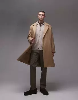 Однобортное пальто цвета верблюжьей шерсти Topman
