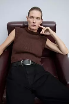 Однотяжной вязанный жилет ZARA, коричневый