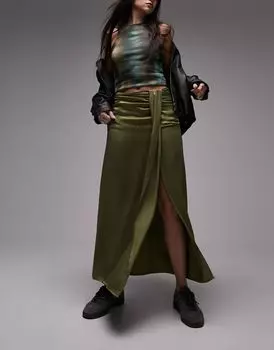 Оливковая атласная юбка с подкладкой Topshop