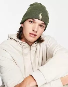 Оливково-зеленая шапка-бини из хлопка пима Polo Ralph Lauren с логотипом