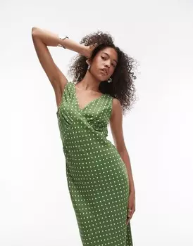 Оливковое платье-комбинация миди с двойным v-образным вырезом Topshop