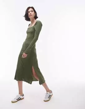 Оливковое платье миди из джерси с квадратным вырезом Topshop