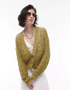 Оливковый вязаный кардиган смешанной вязки Topshop