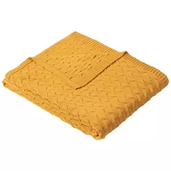 Органический вязаный плед Ibena Somero 150x200 см - мягкий плед горчичного цвета, вязаный в один цвет, плед из шерсти, плед для дивана, приятный мягкий, желтый