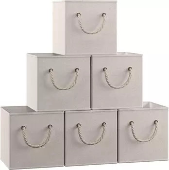 Ornavo Home 13 x 13 Контейнеры-кубы для хранения, корзина-полка, контейнеры для хранения Kallax Складная тканевая коробка Органайзер-куб для белья для шкафа с веревочными ручками, упаковка из 6 штук, бежевый, Beige