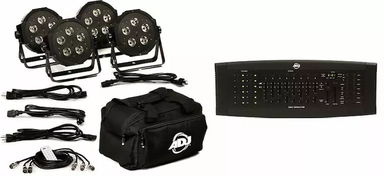Пакет ADJ Mega Flat Hex Pak 4x RGBWA+UV Par с кабелями и пакетом сумок с ADJ DMX Operator 192-канальный контроллер освещения DMX American DJ MEG386=1 DMX-OPERATOR=1