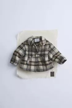 Пальто из шерсти в клетку ZARA, цвет ecru/brown