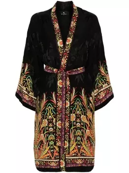 Пальто миди с цветочным принтом и поясом ETRO, черный